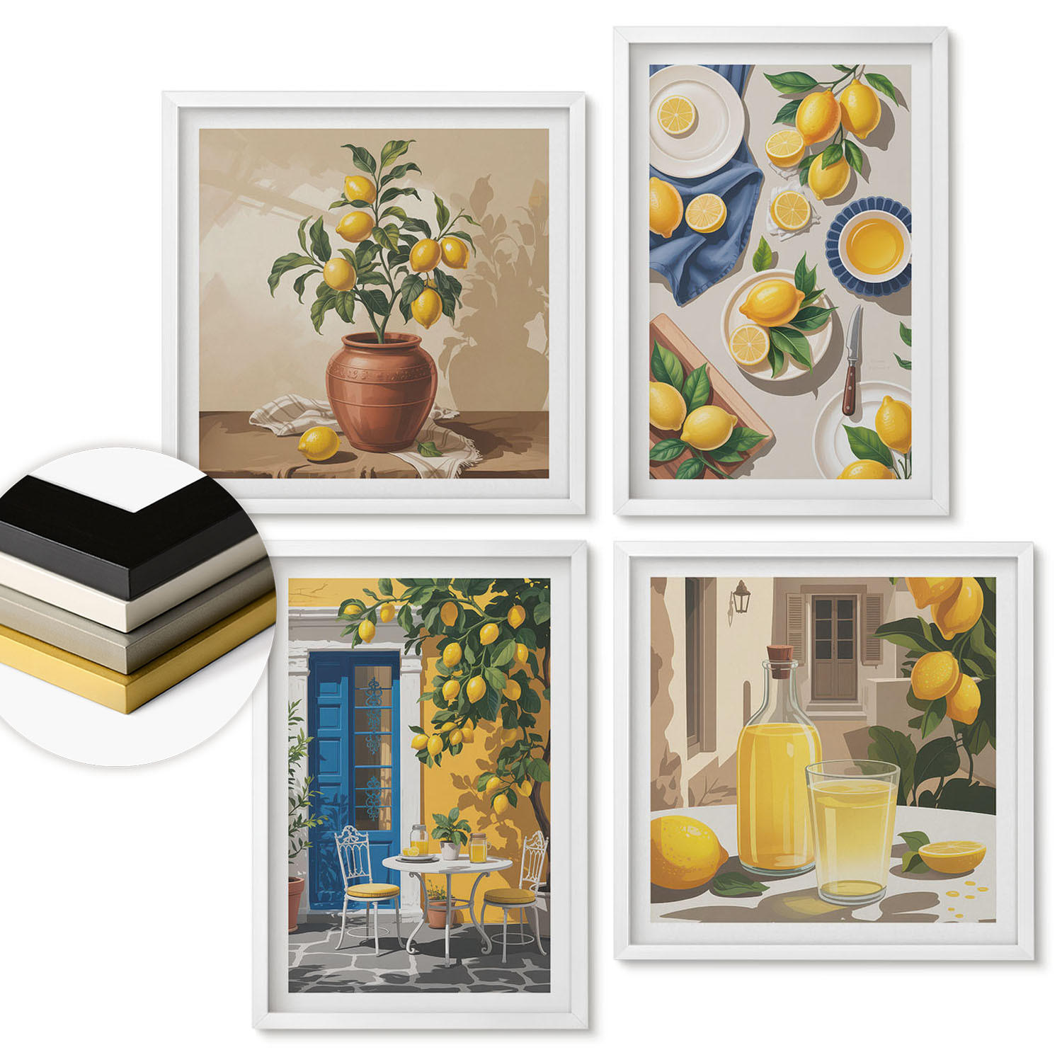WANDBILDER 4er-Set - 50x50 cm & 40x60 cm Weißer Rahmen - Zitronengarten mit Getränken - Weiß, Kunststoff (50/50cm) - ArtPrintCave