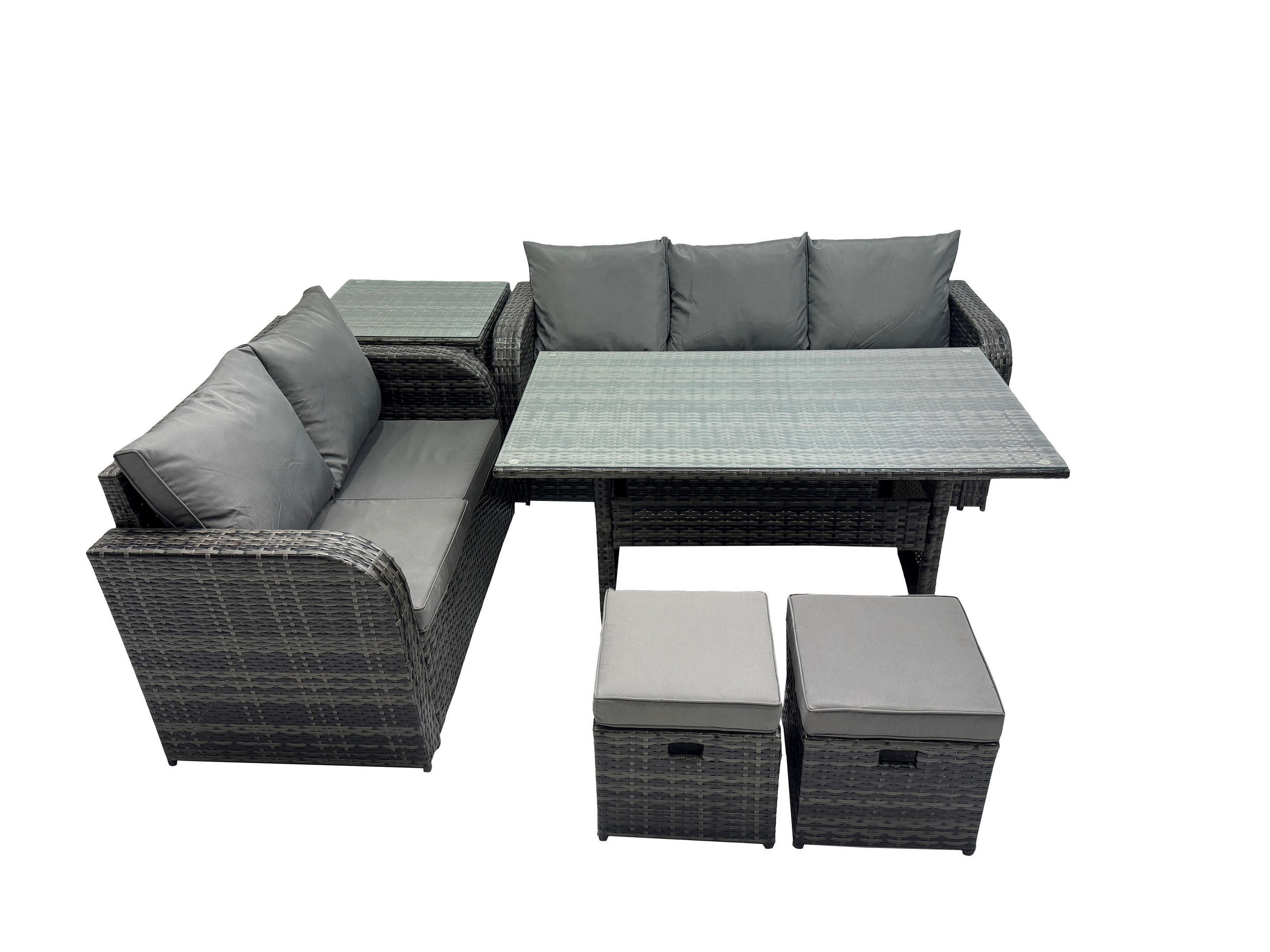 Gartenmöbelset mit Esstisch,Zweisitzer,Hocker,Beistelltisch Polyrattan Dunkelgrau 7-Sitzer - Dunkelgrau/Grau, Glas/Kunststoff - Fimous