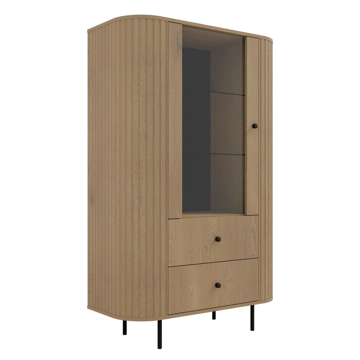 VITRINE Halay Eiche Cremona, 1 Tür & 2 Schubladen Moderne Rillenstruktur, mit runden Kanten - Eichefarben/Schwarz, Holzwerkstoff/Metall (97.4/155/42.3cm) - AX Living