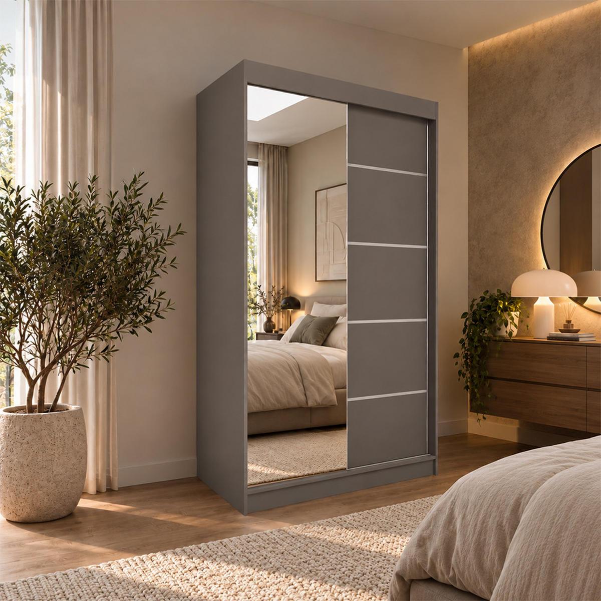 KLEIDERSCHRANK Malika 120 cm Graphit Spiegel 2 Schubl. Griffe silber - Graphitfarben, Holzwerkstoff (120/216/61cm) - KS Home Concept
