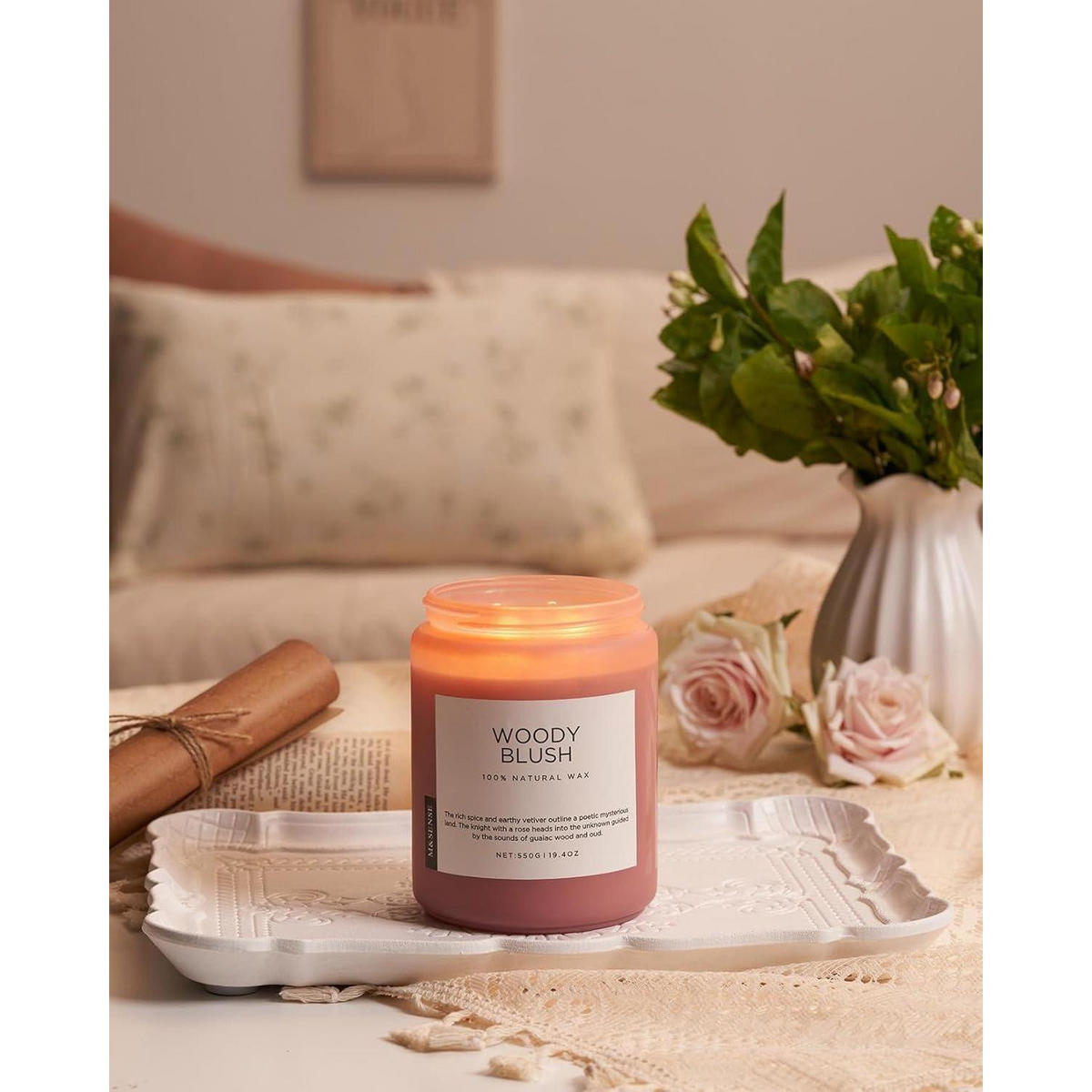 DUFTKERZE Woody Blush 550g Sojawachs 110 Stunden Brenndauer - Rosa, Paraffin (13cm)