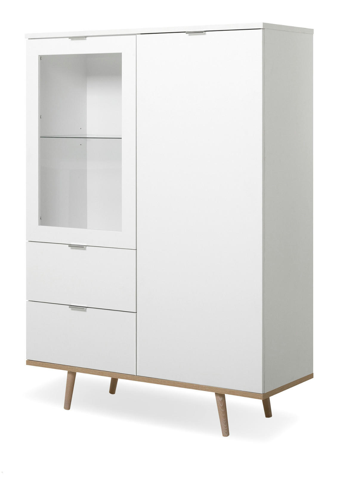 HIGHBOARD weiß matt, Eiche Sonoma massiv, 100 cm, Vitrine skandinavisch - Chromfarben/Eichefarben, Glas/Holz (100/140/40cm) - Furn.Design