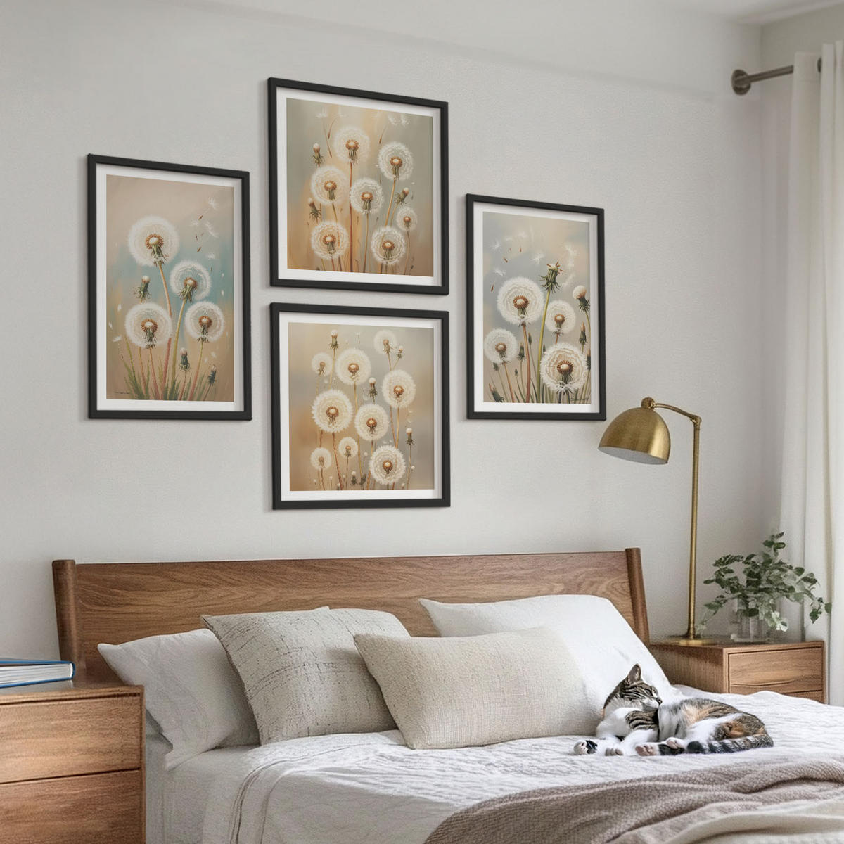 WANDBILDER 4er-Set - 50x50 cm & 40x60 cm Schwarzer Rahmen - Pastellfarbene Löwenzahnblüten - Schwarz, Kunststoff (50/50cm) - ArtPrintCave