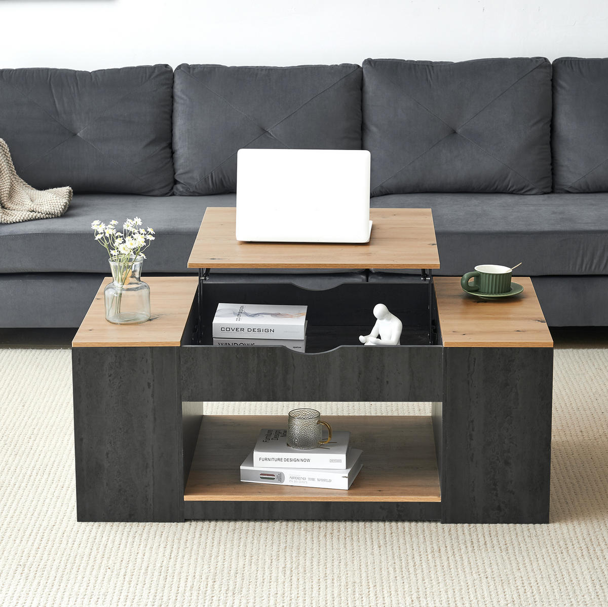 COUCHTISCH, höhenverstellbar mit Stauraum, MDF-Holzmaserung, grauer Korpus, 109,5/59,7/43 cm,Grau - Grau, Holzwerkstoff (59.7/109.5/57.4cm) - Redom