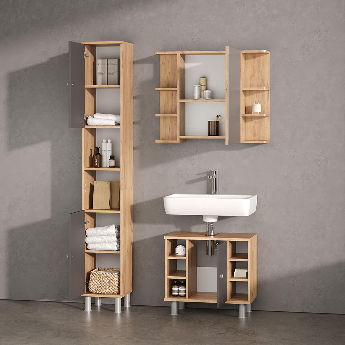 WASCHBECKENUNTERSCHRANK Fucino Anthrazit/Goldkraft Eiche 60 x 54 cm - Anthrazit/Eiche Wotan, Holzwerkstoff (60/54/32cm) - Livinity®