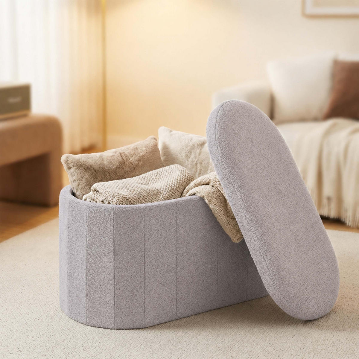 LAVICE Světle šedá s úložným prostorem teddy čalounění 76 cm - šedá, kompozitní dřevo/textil (76/38/38cm) - Relaxdays