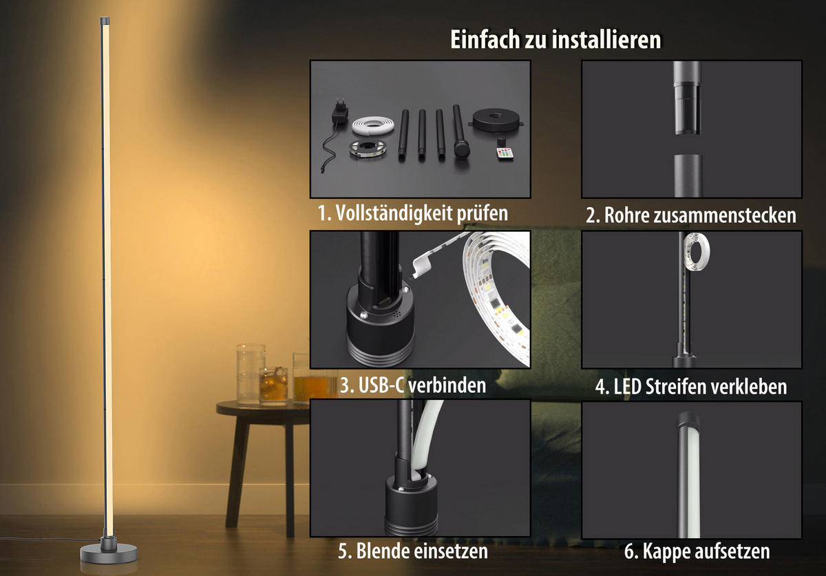 LED-ECKLAMPE mit Fernbedienung integriertem Soundsensor digitale RGBs + Warmweiß Farbeffekte Schwarz - Grau, Kunststoff (15.5/15.5/147.5cm) - Northpoint