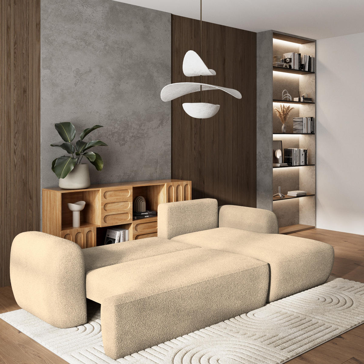 ECKSOFA MODENZA N R-S Creme Boucle-Stoff mit Schlaffunktion - Creme, Holz (266/148cm) - MASSENO