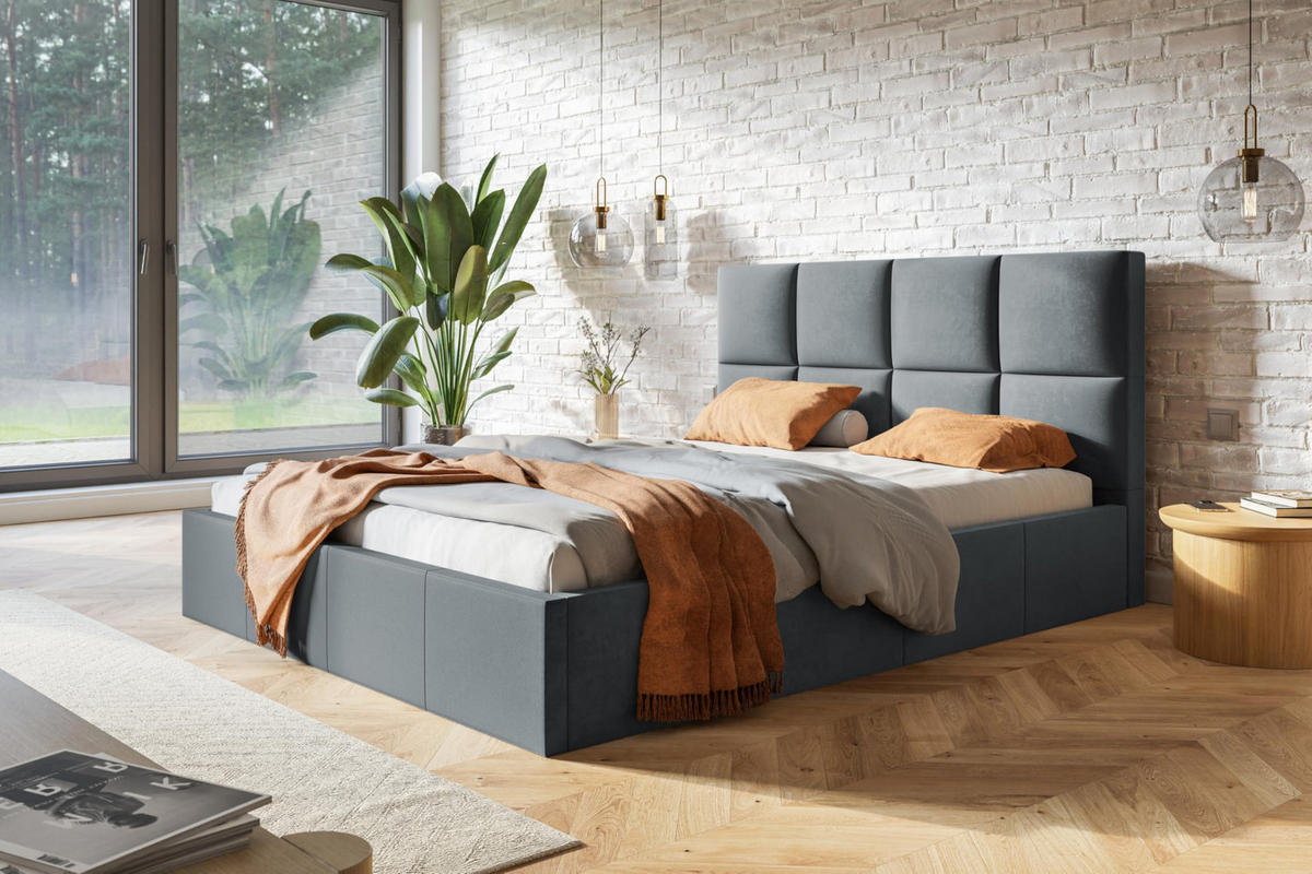 BETT 160x200 - Polsterbett mit Bettkasten und Metallrahmen - Modern Betten - Glatter Kronos-Stoff - Kollektion Roma, Dunkelgrau - Dunkelgrau, Holz/Textil (160/200cm) - Alpi-Möbel