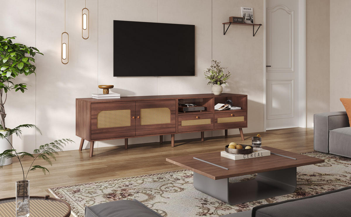 TV-LOWBOARD in Braun mit 2 Rattantüren und 2 Schubladen 200/37/49.5 cm - Braun, Holzwerkstoff (200/49.5/37cm) - Redom