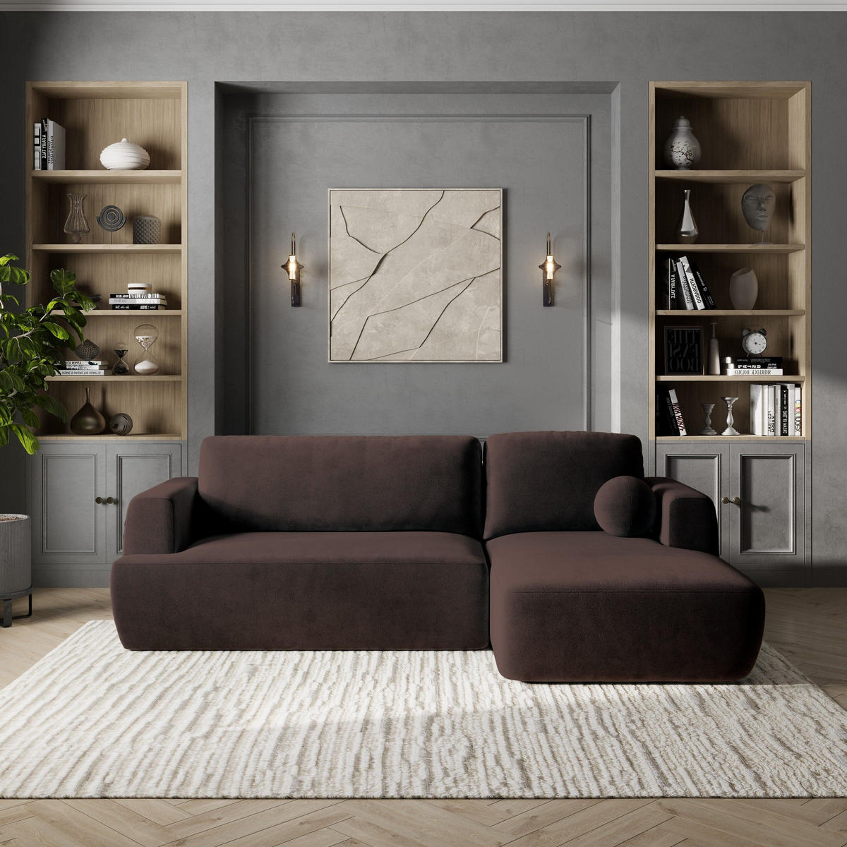 ECKSOFA SENTI K R-S Braun Plüsch-Stoff mit Schlaffunktion - Braun, Holz (246/148cm) - MASSENO