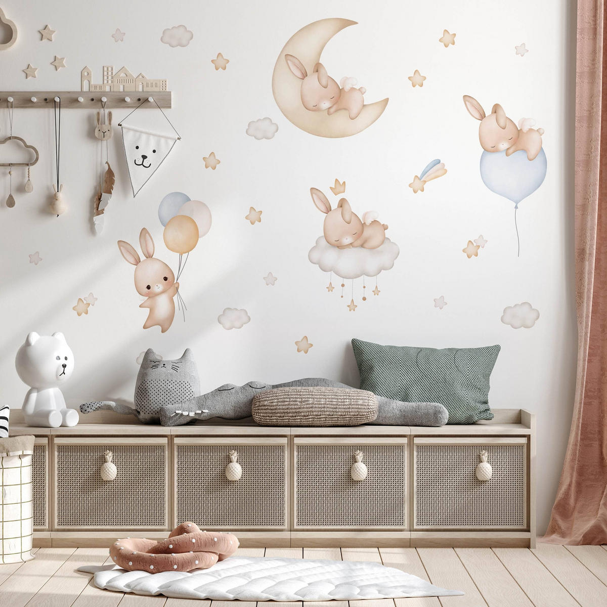 NÁLEPKY NA STENU Králiky Oblaky Hviezdy Balóny 60 x 30 cm - hnedá/žltá, papier (60/30/1cm) - Muralo