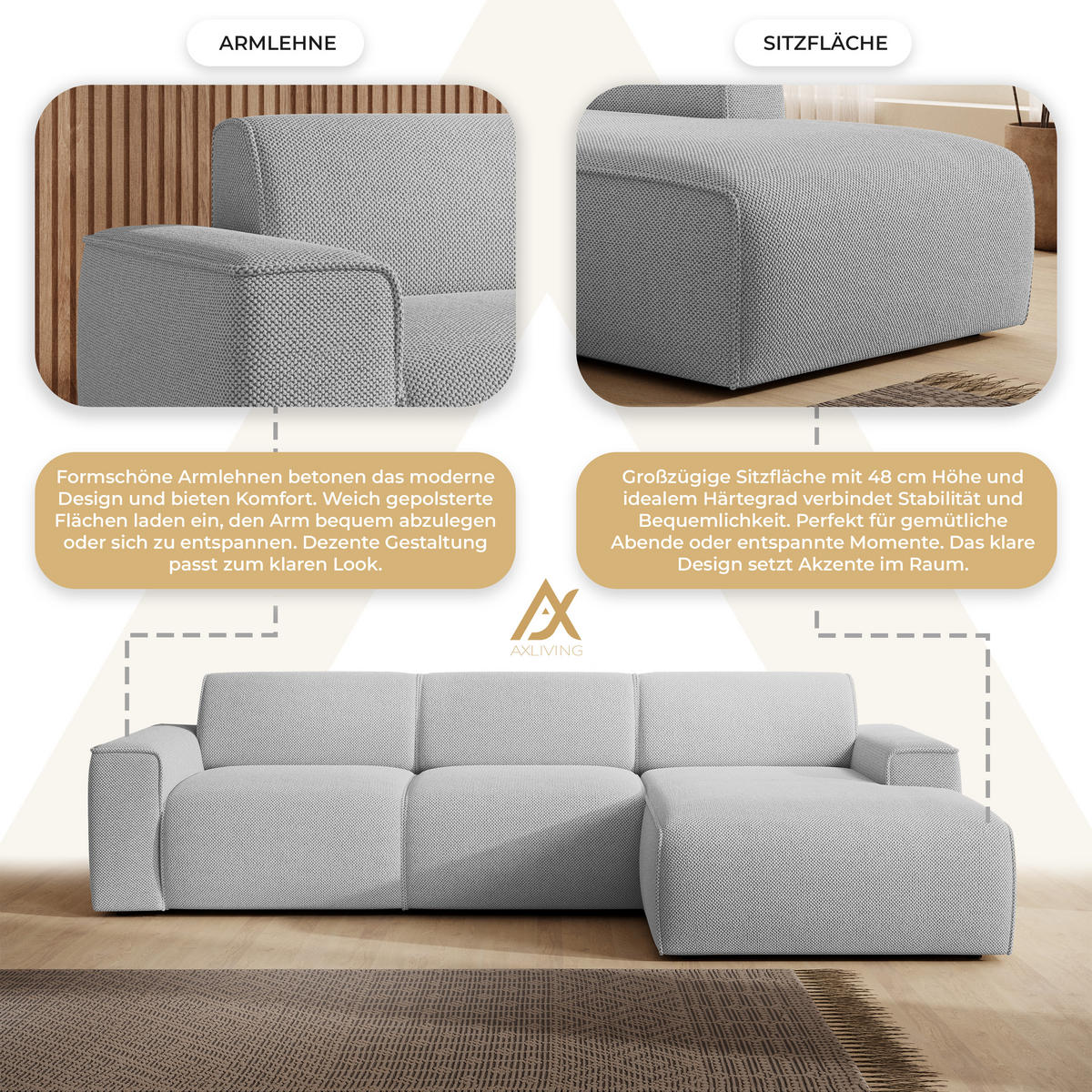 ECKSOFA L Form Didim mini Ivory 310/165/78 cm – stilvolle kleine Eckcouch R - Greige/Champagner, Kunststoff/Textil (310/165cm) - AX Living