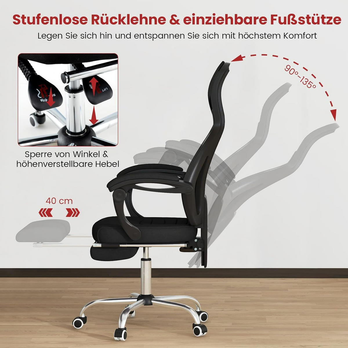 BÜROSTUHL Schwarz - Schwarz, Textil (70/116.5/68cm) - COSTWAY