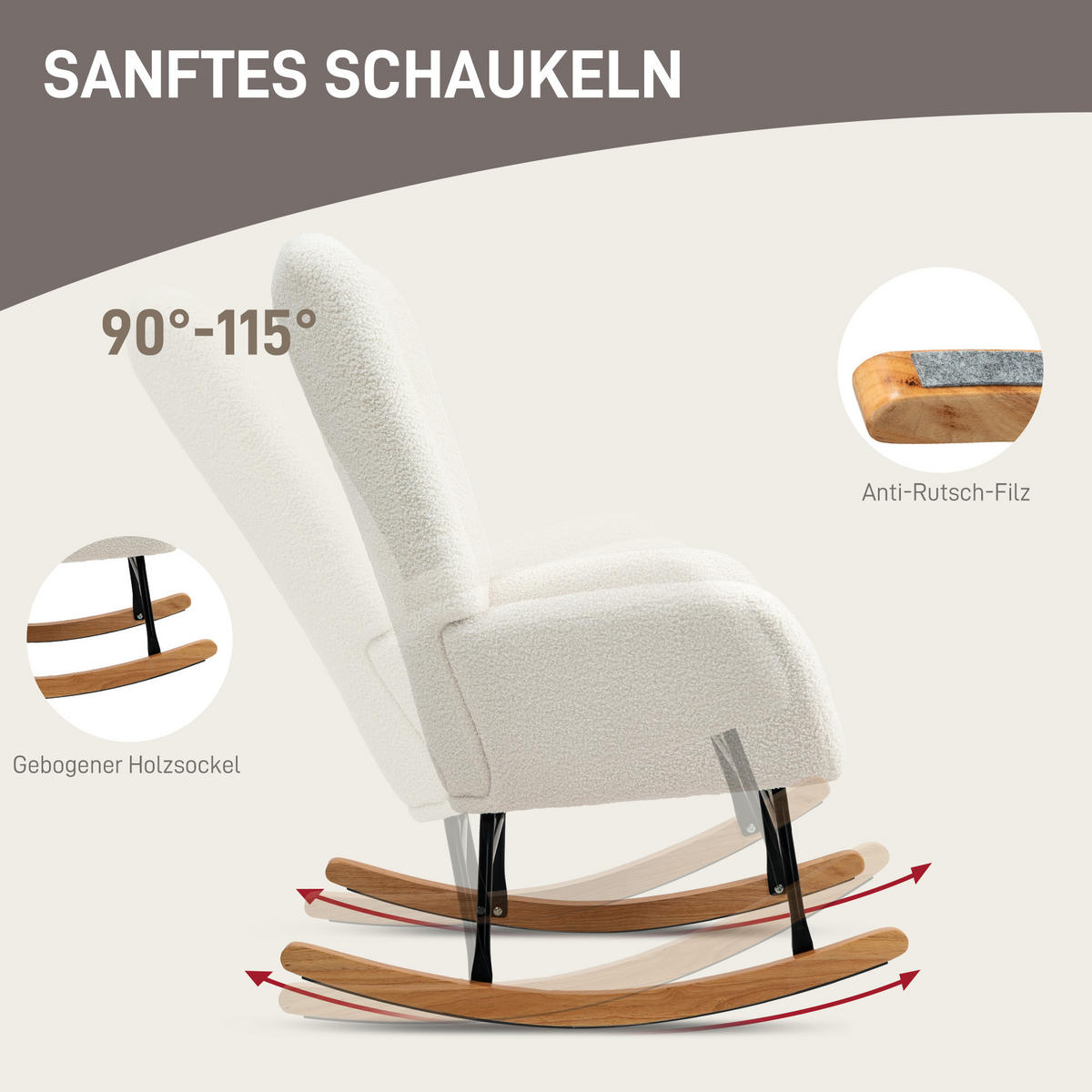 SCHAUKELSTUHL, Schaukelsessel mit Armlehne, Teddysamt-Optik, Cremeweiß - Weiß, Textil (70/100/94cm) - HOMCOM