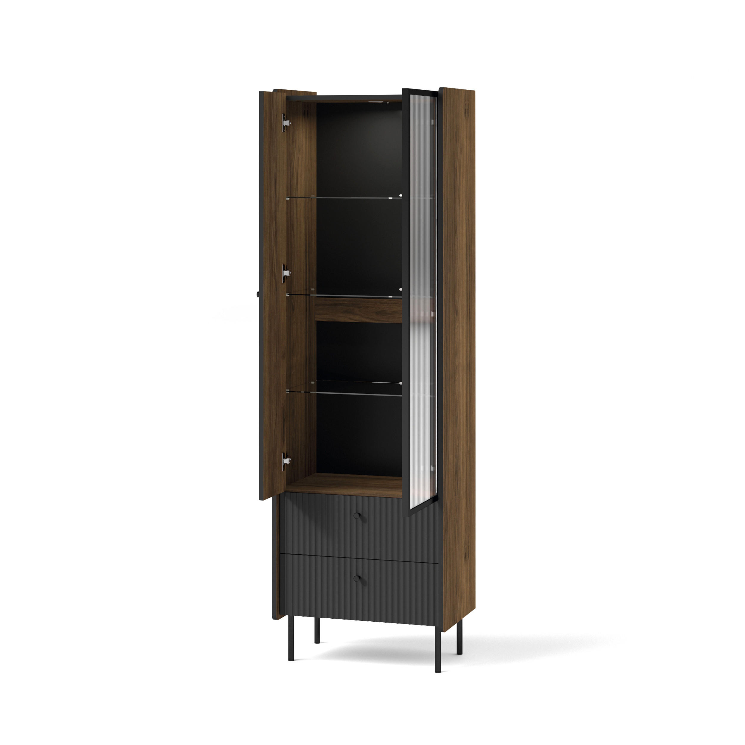 VITRINE Piano mit 2 Türen und 2 Schubladen, Mattschwarz + Warmia-Nussbaum - Dunkelbraun/Schwarz, Holzwerkstoff (59/191/40cm) - Beautysofa