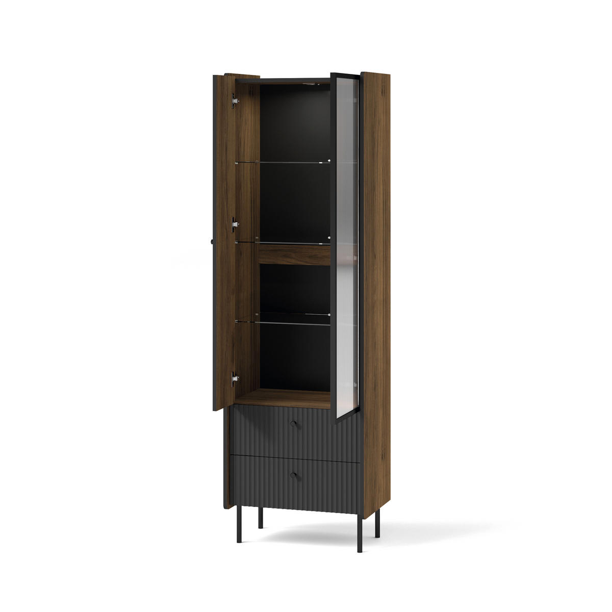 VITRINE Piano mit 2 Türen und 2 Schubladen, Mattschwarz + Warmia-Nussbaum - Dunkelbraun/Schwarz, Holzwerkstoff (59/191/40cm) - Beautysofa