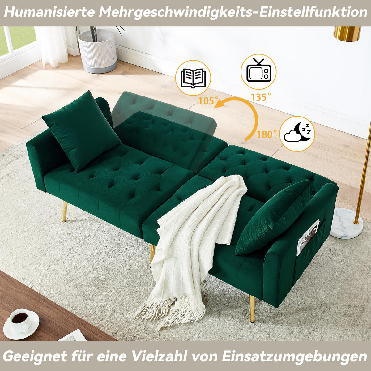 SCHLAFSOFA 177/78/74 cm in Green Samt mit Aufbewahrungstasche - Grün, Textil (78/74/177cm) - Oxeza