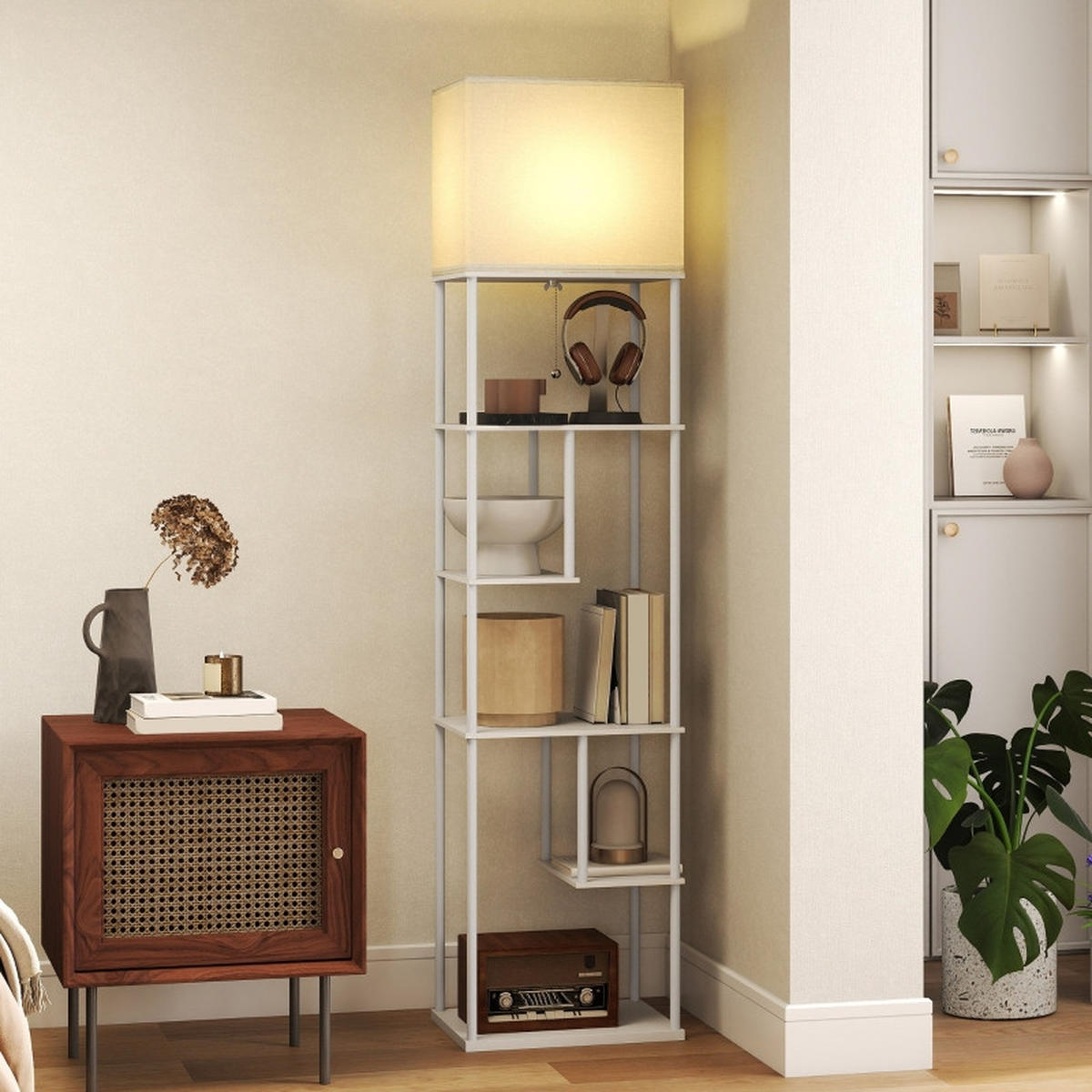 STEHLEUCHTE 1-tlg 40x29x171cm Stehlampe mit Regal Weiß-Dimmbar Fernbedienung Wohnzimmer - Weiß, Metall (40/29/171cm) - Raelunyi