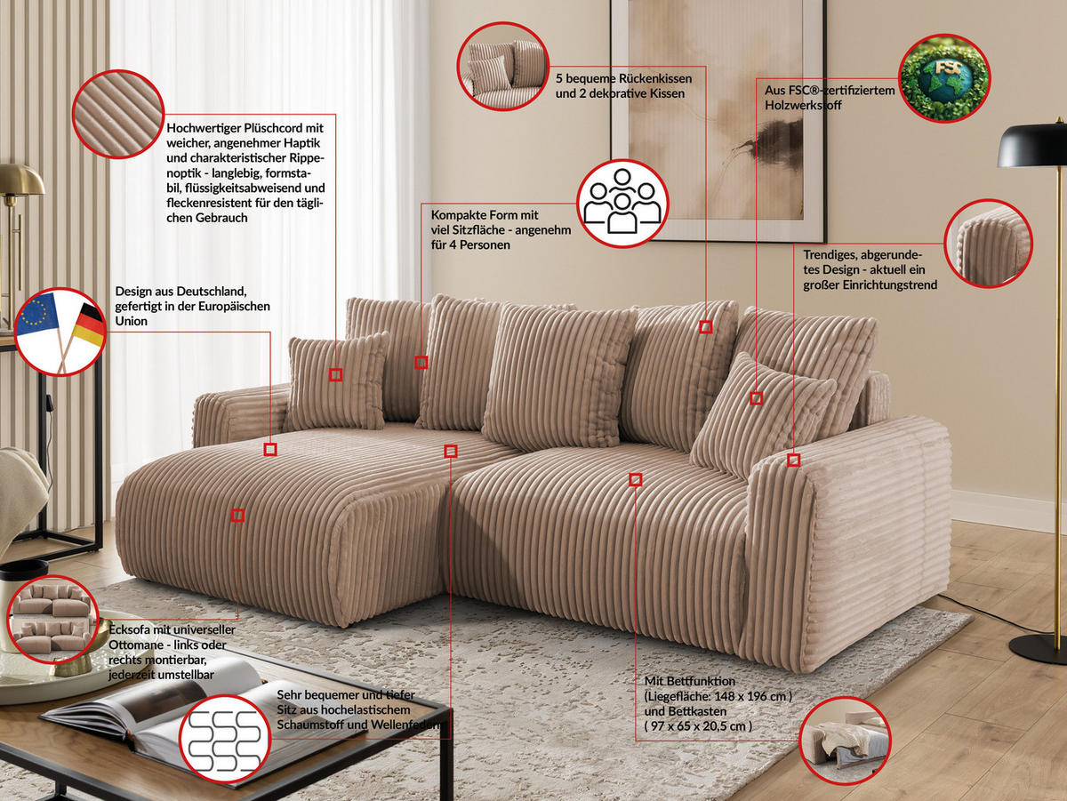ECKSOFA Calma mit Schlaffunktion und Bettkasten im Bumpy-Design aus weichem Beige Plüschcord - Ottomane links - Beige/Schwarz, Holz/Kunststoff (239/140cm) - S-Style