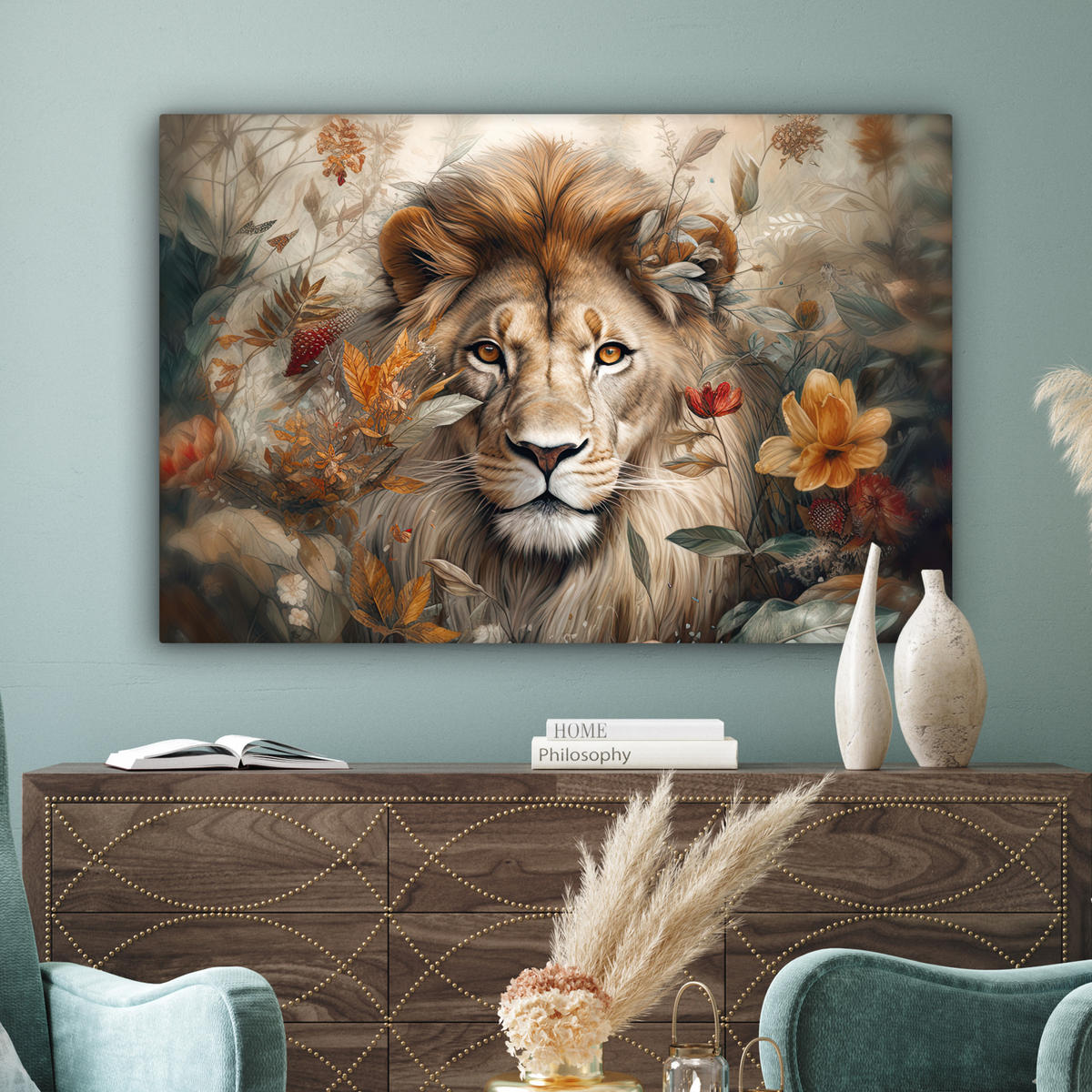 LEINWANDBILD Löwe - Wildtiere - Pflanzen - Natur - Blumen Groß 140x90 cm - Beige, Textil (140/90cm) - MuchoWow