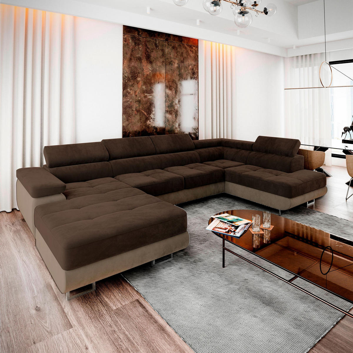 WOHNLANDSCHAFT CASONE R-S Braun Velours-Stoff mit Schlaffunktion - Braun, Holz (345/90/202cm) - MASSENO