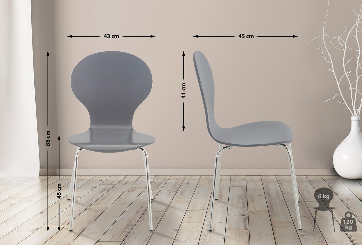 BESUCHERSTUHL 4er Set Holz grau - Grau, Holz/Metall (43/86/45cm) - CLP