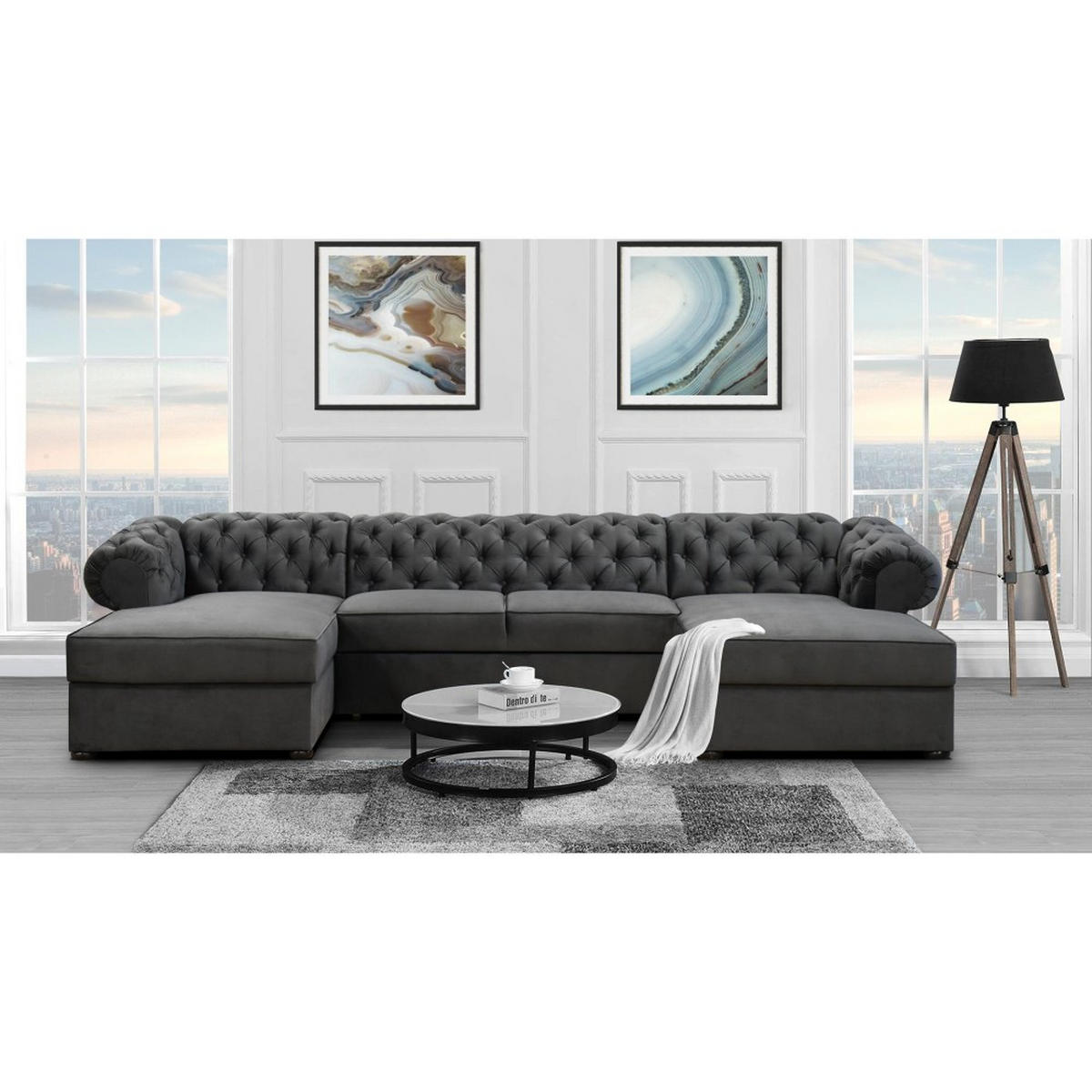 WOHNLANDSCHAFT Chester im Chesterfield-Stil, Grau - Schwarz/Grau, Textil (348/81/174cm) - Beautysofa