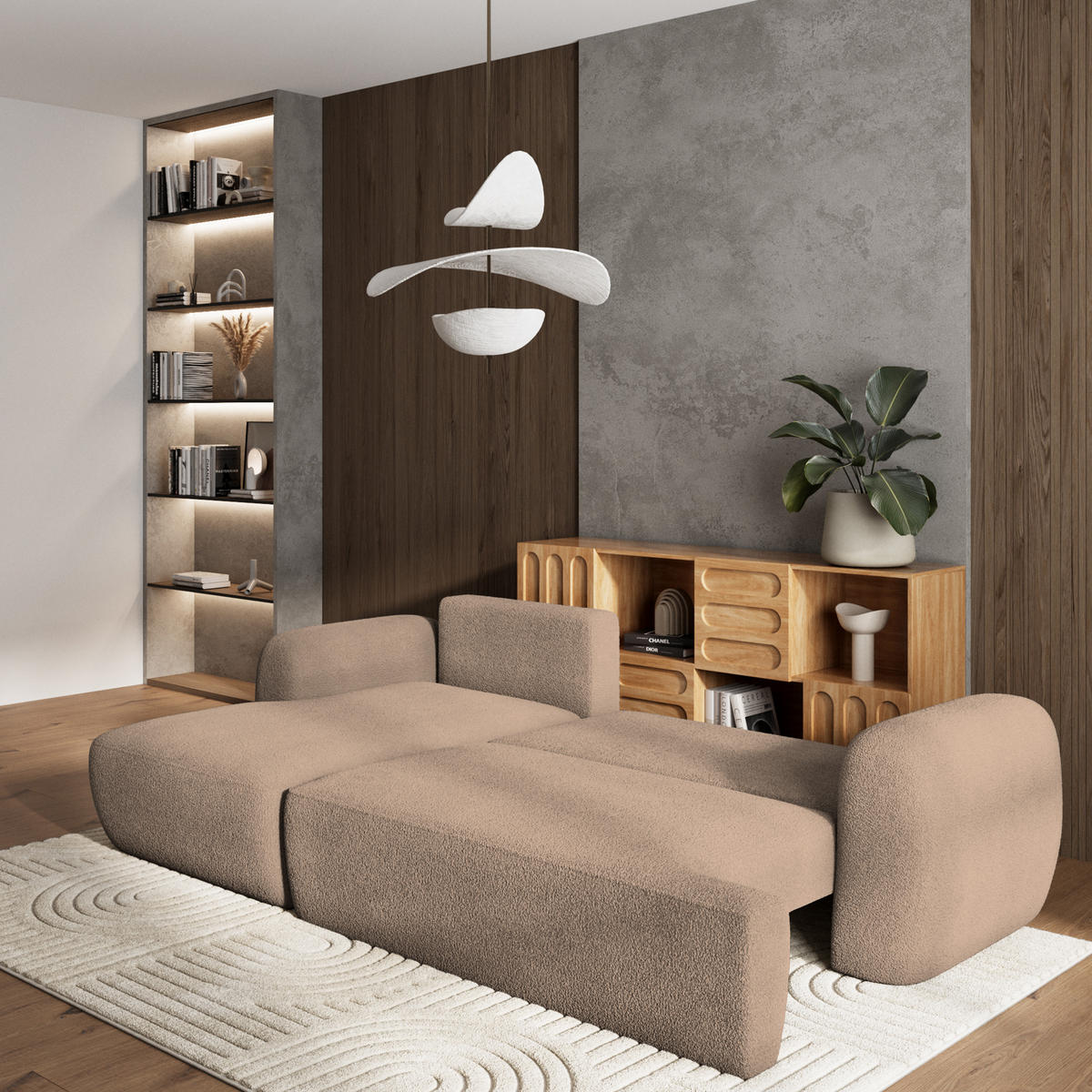 ECKSOFA MODENZA N L-S Beige Boucle-Stoff mit Schlaffunktion - Beige, Holz (266/148cm) - MASSENO
