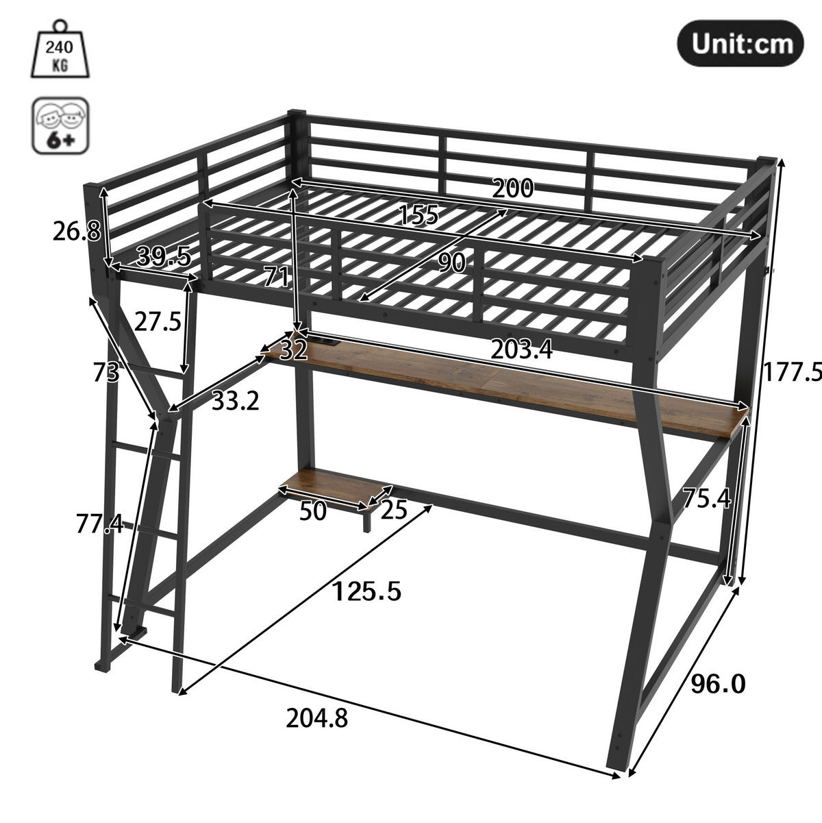 HOCHBETT 90/200 cm Schwarz aus Metall/MDF mit Schreibtisch - Schwarz, Metall (90/200cm) - OKMYHOME