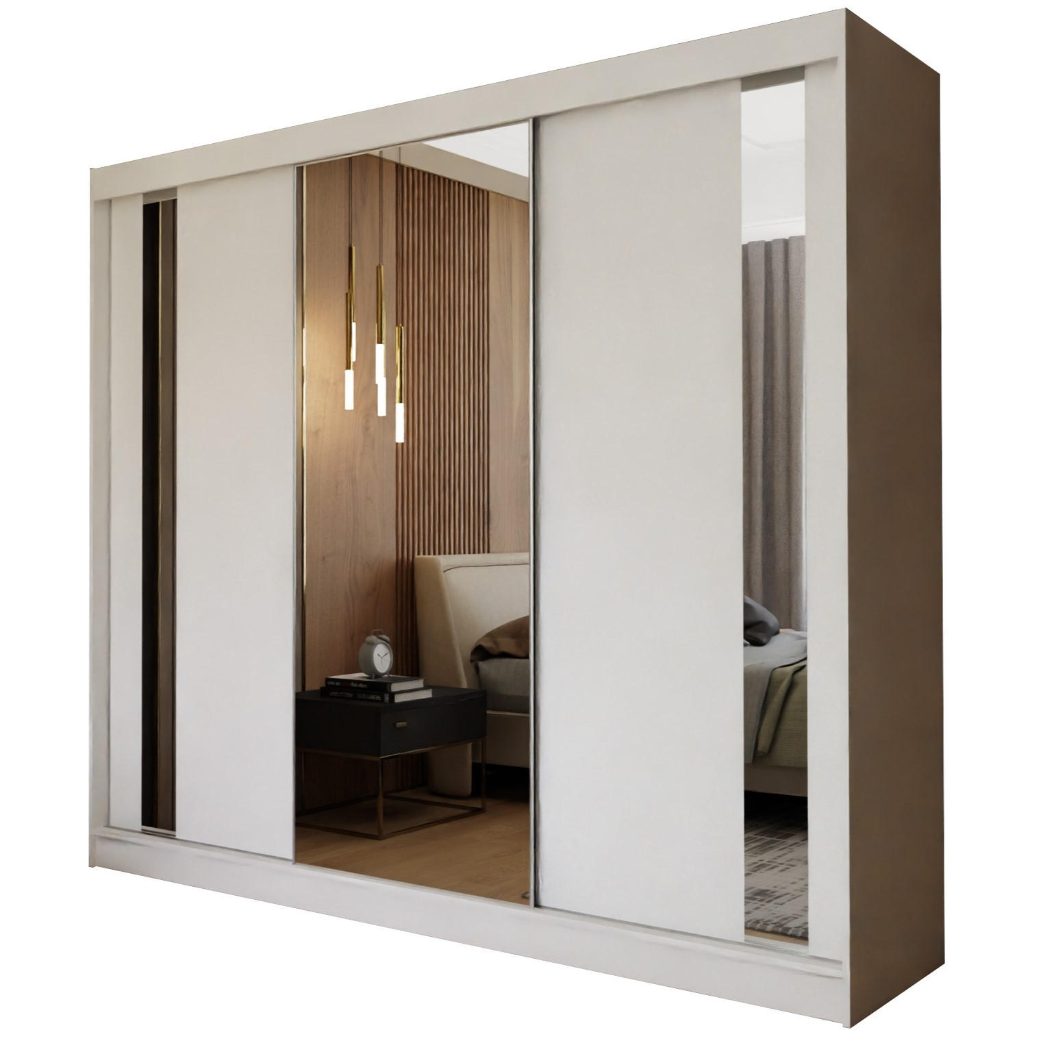 SCHWEBETÜRENSCHRANK GRAZIA 240/216/61 cm 3-türig mit Spiegel Weiß - Weiß, Holzwerkstoff (240/216/61cm) - MASSENO