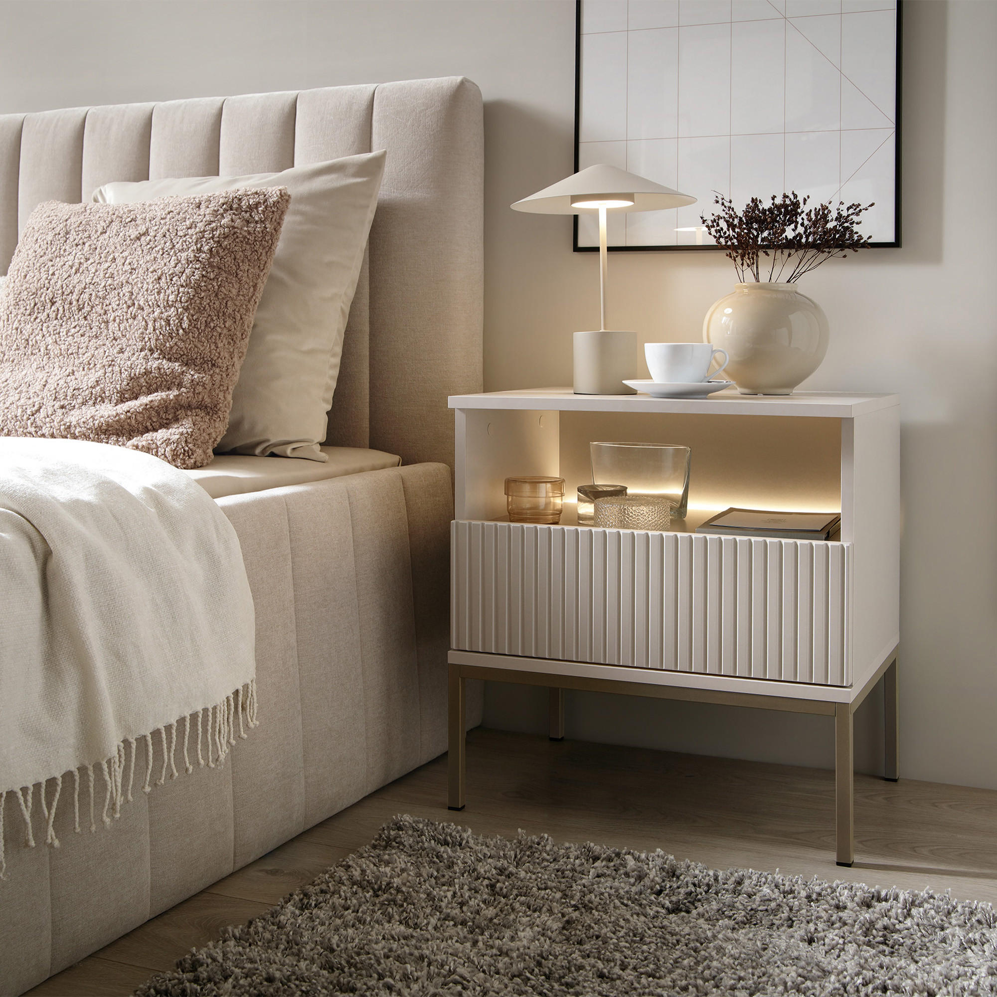 NACHTTISCH FONTE, Cremefarbig - Creme, Holzwerkstoff (56/53/39cm) - KONSIMO®