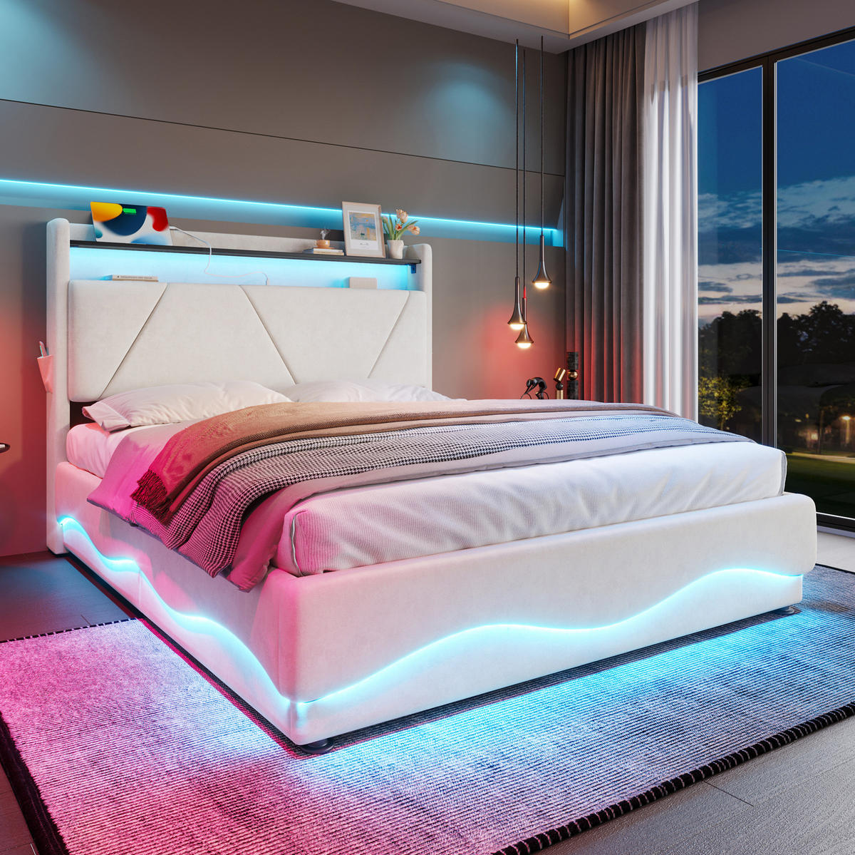 POLSTERBETT 160/200 cm aus Samt mit LED und Stauraum Beige - Beige, Textil (160/200cm) - Modenvie