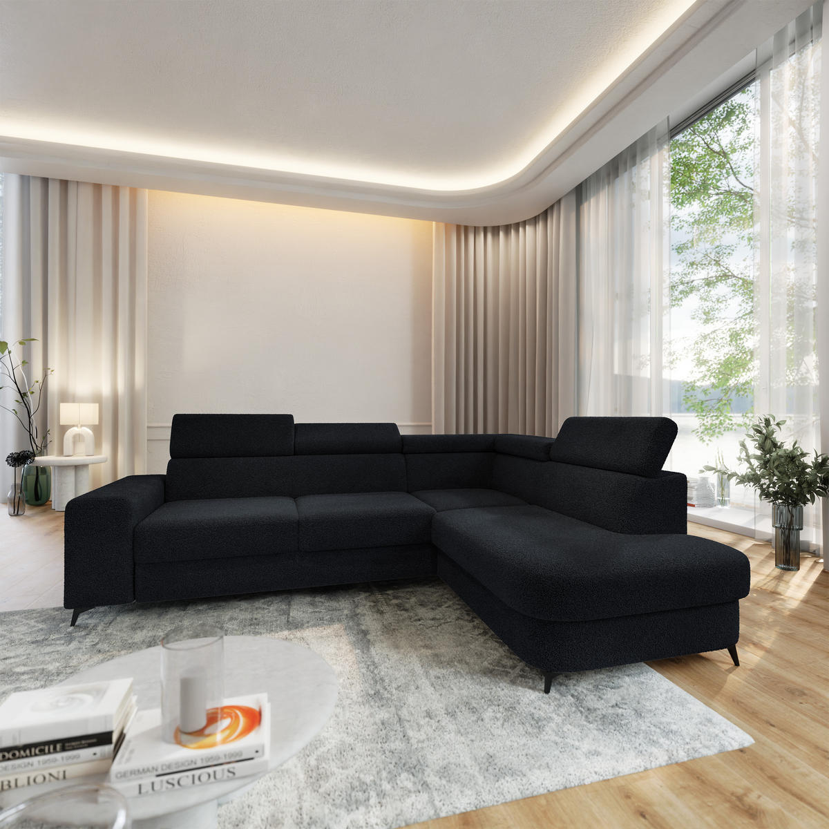 ECKSOFA ALVORO R-S Schwarz Boucle-Stoff mit Schlaffunktion - Schwarz, Holz (253/190cm) - MASSENO