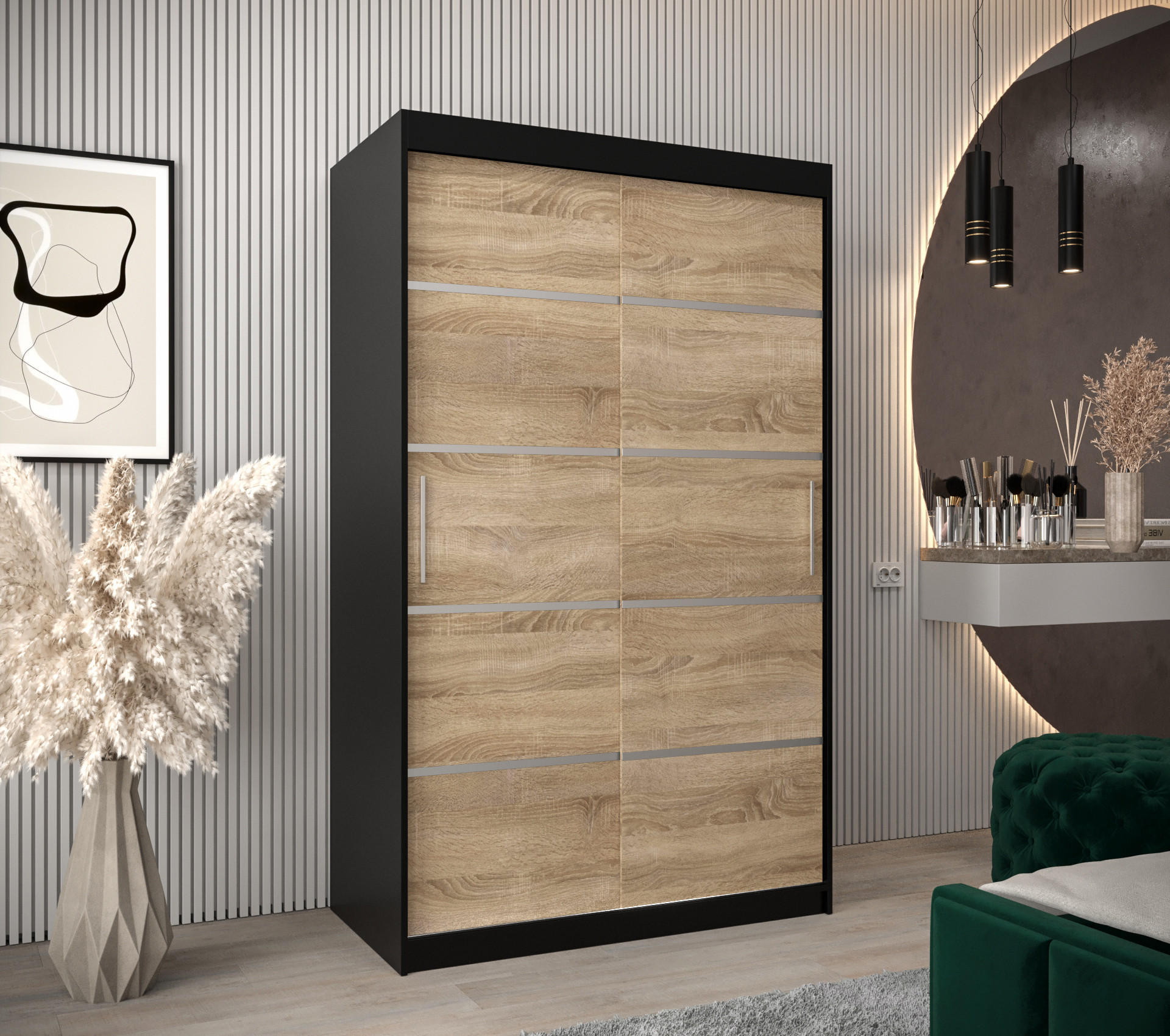 SCHWEBETÜRENSCHRANK 200/120/62 2-türig - Silberfarben/Schwarz, Holz/Kunststoff (120/200/62cm) - Abiks Möbel