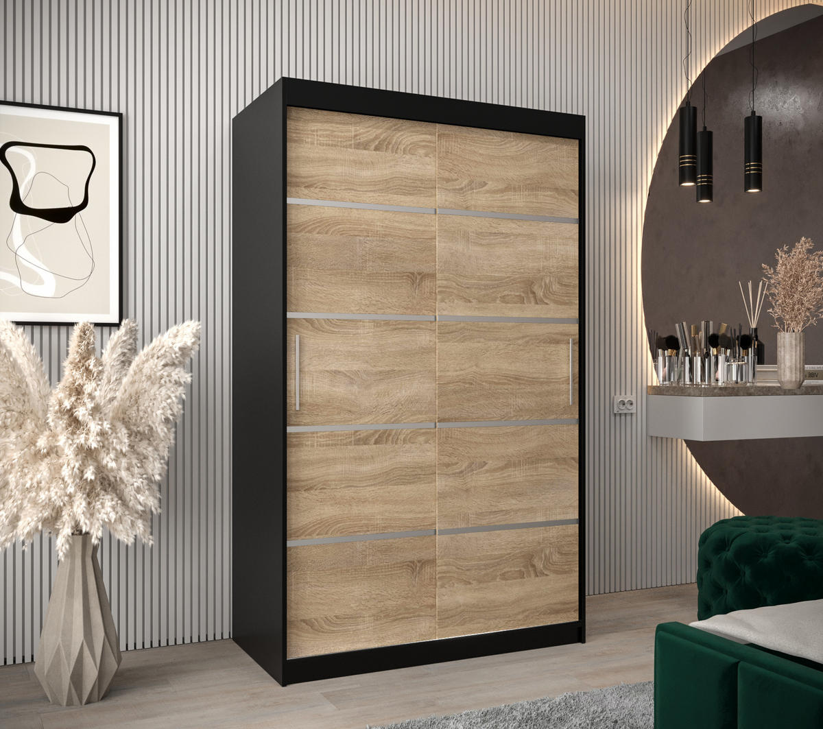 SCHWEBETÜRENSCHRANK 200/120/62 2-türig - Silberfarben/Schwarz, Holz/Kunststoff (120/200/62cm) - Abiks Möbel