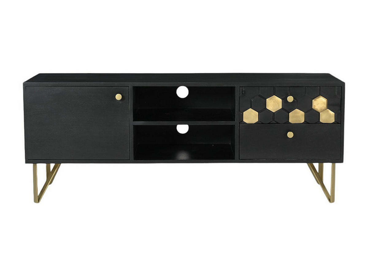 TV-MÖBEL mit 1 Tür, 2 Schubladen & 2 Ablagefächern - Mangoholz & Metall - Schwarz & Goldfarben - BELORI - Schwarz, Holz (130/50/40cm) - Vente-Unique