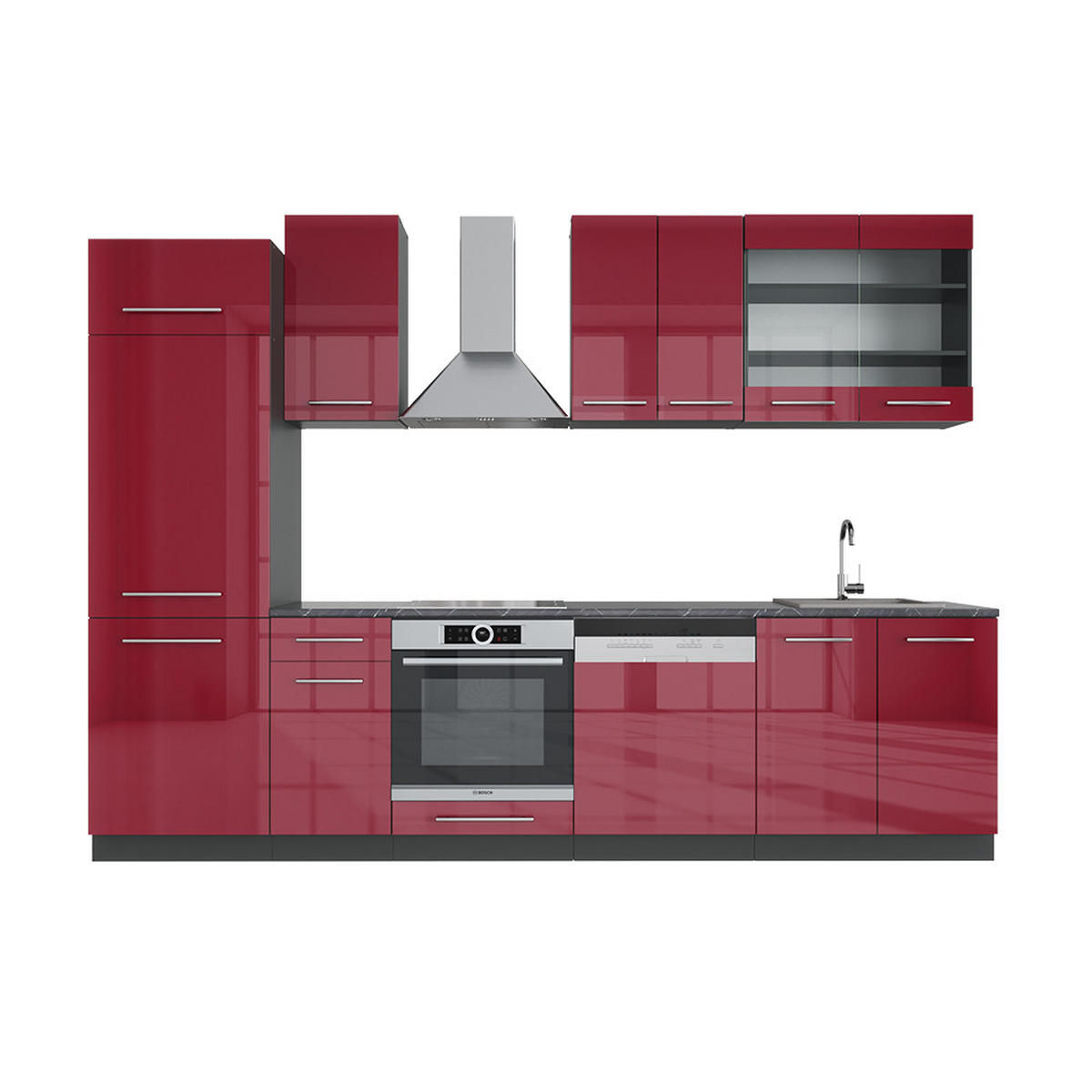 KÜCHENZEILE Fame-Line Bordeaux Hochglanz/Anthrazit 300 cm ohne AP - Bordeaux/Anthrazit, Holzwerkstoff (300/81.6/46cm) - Vicco
