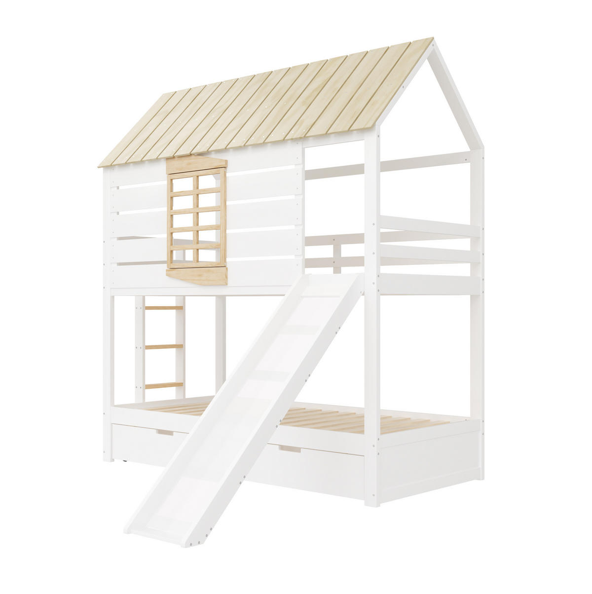 ETAGENBETT 90/200 cm weiß aus Kiefer und MDF mit Rutsche und 2 Schubladen - Weiß, Holzwerkstoff (90/200cm) - OKWISH