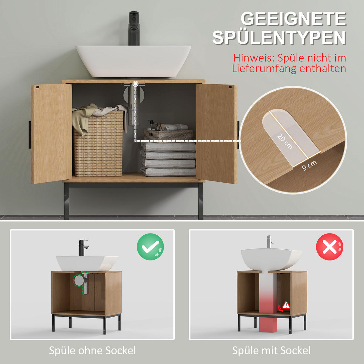 WASCHBECKENUNTERSCHRANK Unterschrank mit Schrankfach, Rattanoptik, Eiche - Eichefarben, Holz (39/60/60cm) - Kleankin