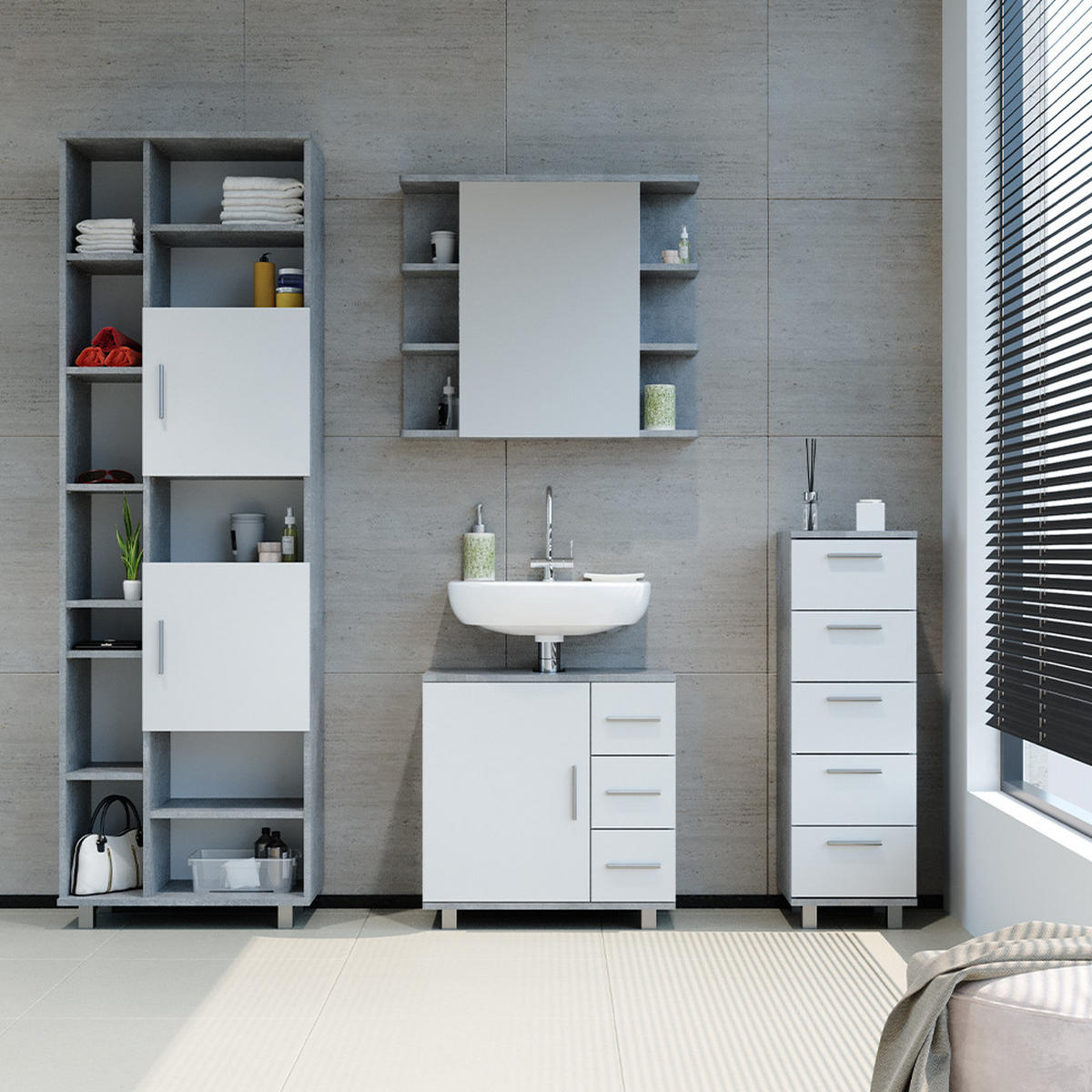 BADSCHRANK Ilias Beton 60 x 190 cm - Schieferfarben/Grau, Holzwerkstoff (60/190/30cm) - Vicco