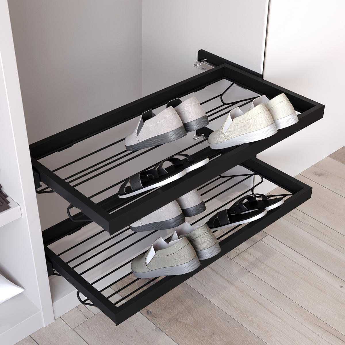 METALL-SCHUH-REGAL set und Rahmen mit sanften Schließen Auszüge für Garderobe, verstellbar, Modul 900mm, Schwarz strukturiert - Schwarz, Metall (100/15/52.5cm) - EMUCA