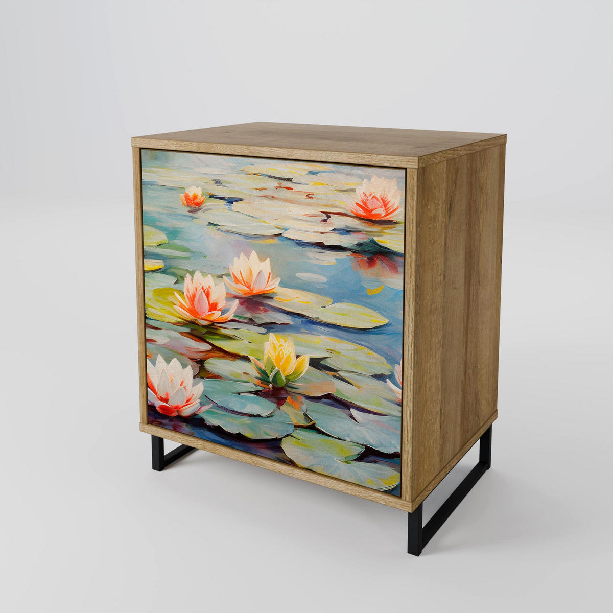 SIDEBOARD BLOOMING WATERS, Eichefarben, 57,5x42x72,5 cm, Schwarze Metallfüße - Eichefarben/Multicolor, Holzwerkstoff/Metall (57.5/72.5/42cm) - SpaceRebels