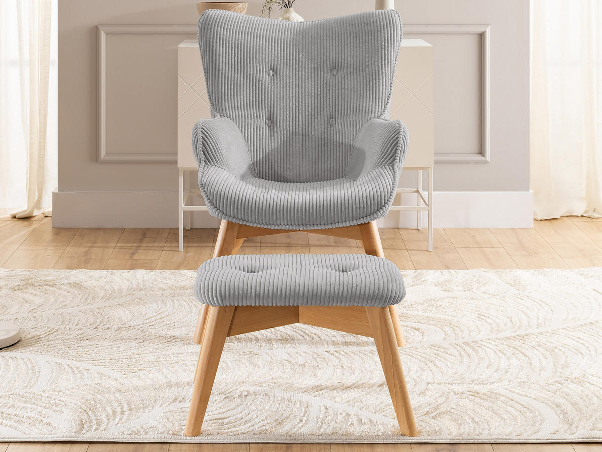 LOUNGESESSEL mit Fußhocker Lenari Hellgrau Cordstoff mit Füßen in Natur - Hellgrau/Naturfarben, Holz/Textil (71/96/86cm) - S-Style Möbel