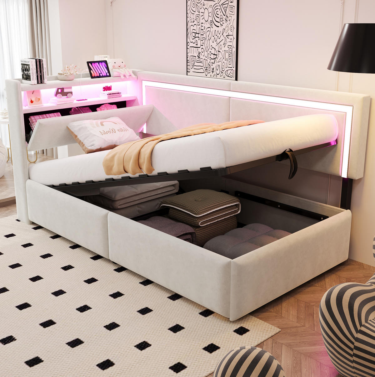 POLSTERBETT Schlafsofa 90/200 cm mit LED-Beleuchtung, USB-Anschluss, Bettkasten und Samtbezug, Beige - Beige, Textil (90/200cm) - Redom
