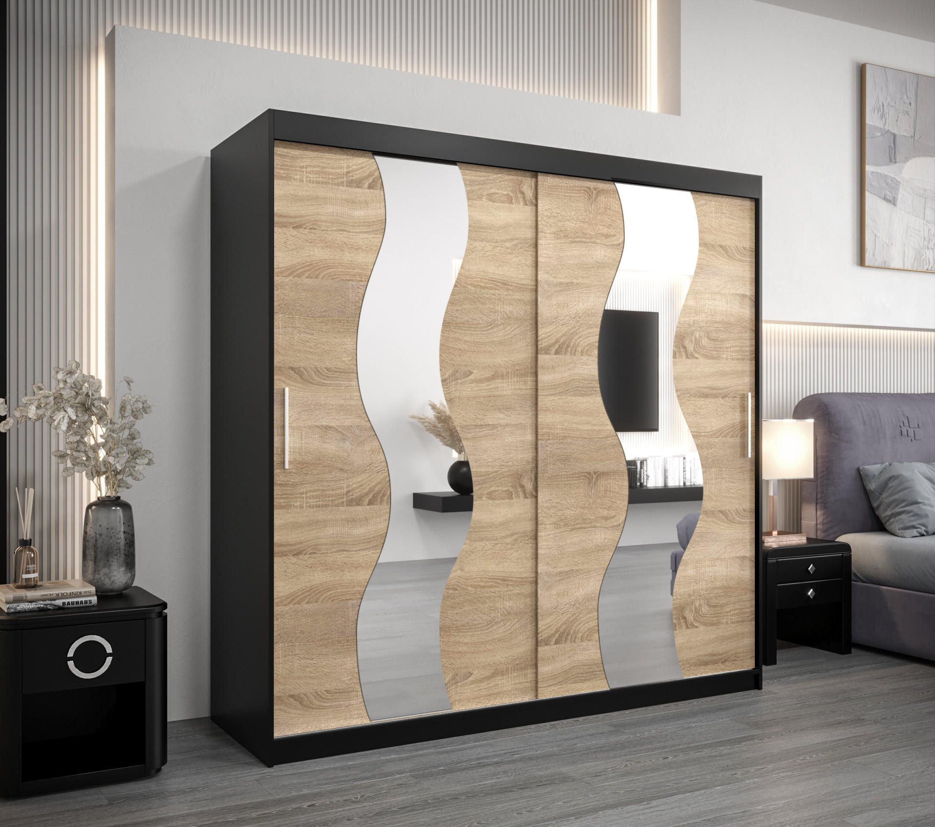 SCHWEBETÜRENSCHRANK 200/200/62 2-türig - Silberfarben/Schwarz, Holz/Kunststoff (200/200/62cm) - Abiks Möbel