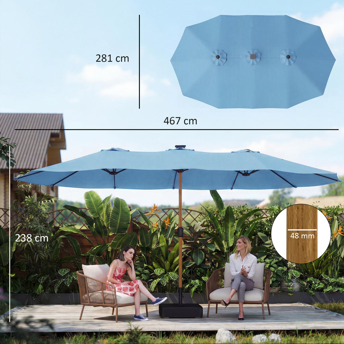 DOPPELSONNENSCHIRM 500/300 cm DE-11573 mit Basis, Sandsäcken & Hülle Blau - Blau, Textil (281/467cm) - ComfortXL