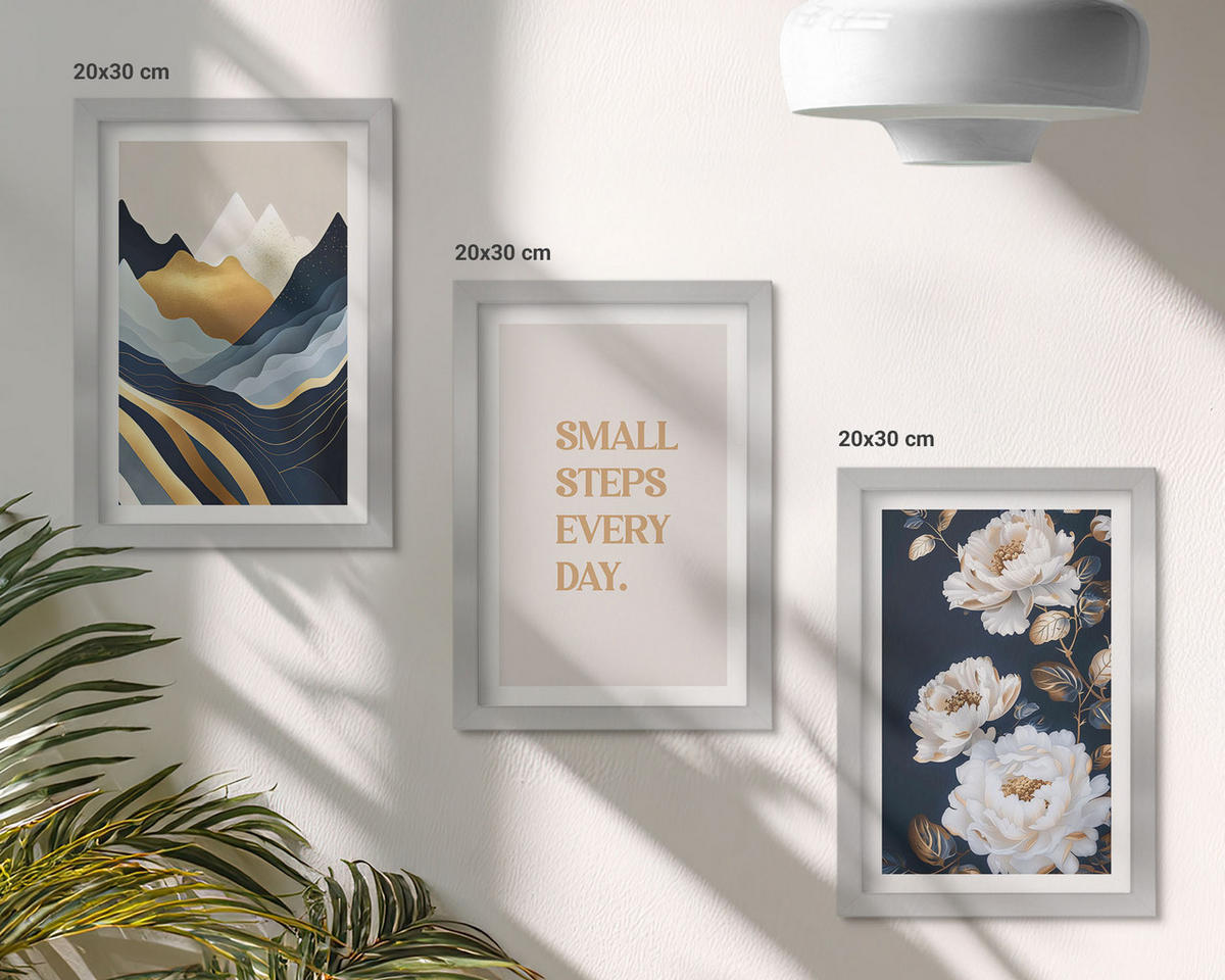 WANDBILDER 3er Set - 20x30 cm Silberner Rahmen - Abstrakte Berge und Blumen Inspiration - Silberfarben, Kunststoff (20/30cm) - ArtPrintCave