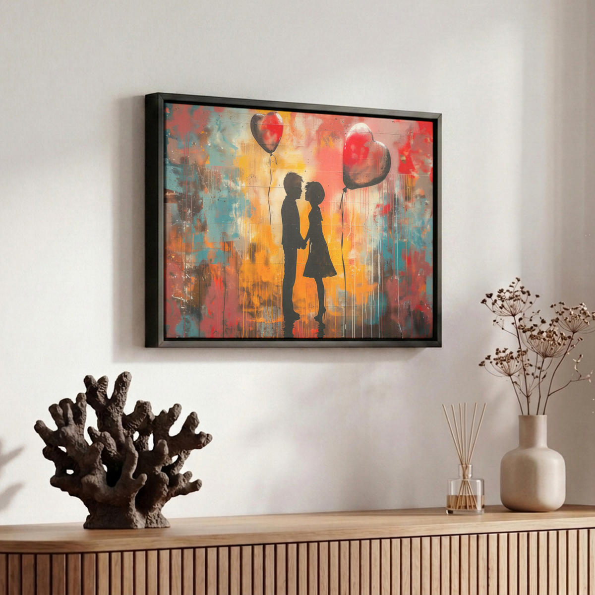 LEINWAND Bilder mit Rahmen - Straßenkunst - Liebe - Graffiti - Kunst - Banksy - 30x20 - Orange, Textil (30/20cm) - MuchoWow
