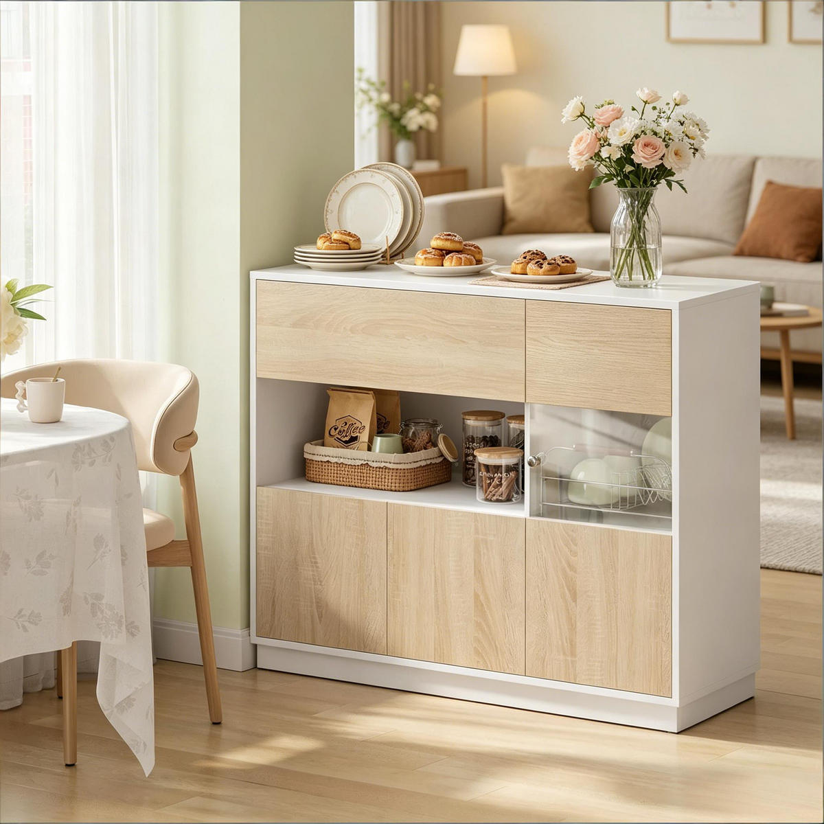 SIDEBOARD DE-38823 100/40/80 cm offenes Fach und Acrylglastür Helle Eiche - Eichefarben, Holzwerkstoff (100/80/40cm) - ComfortXL